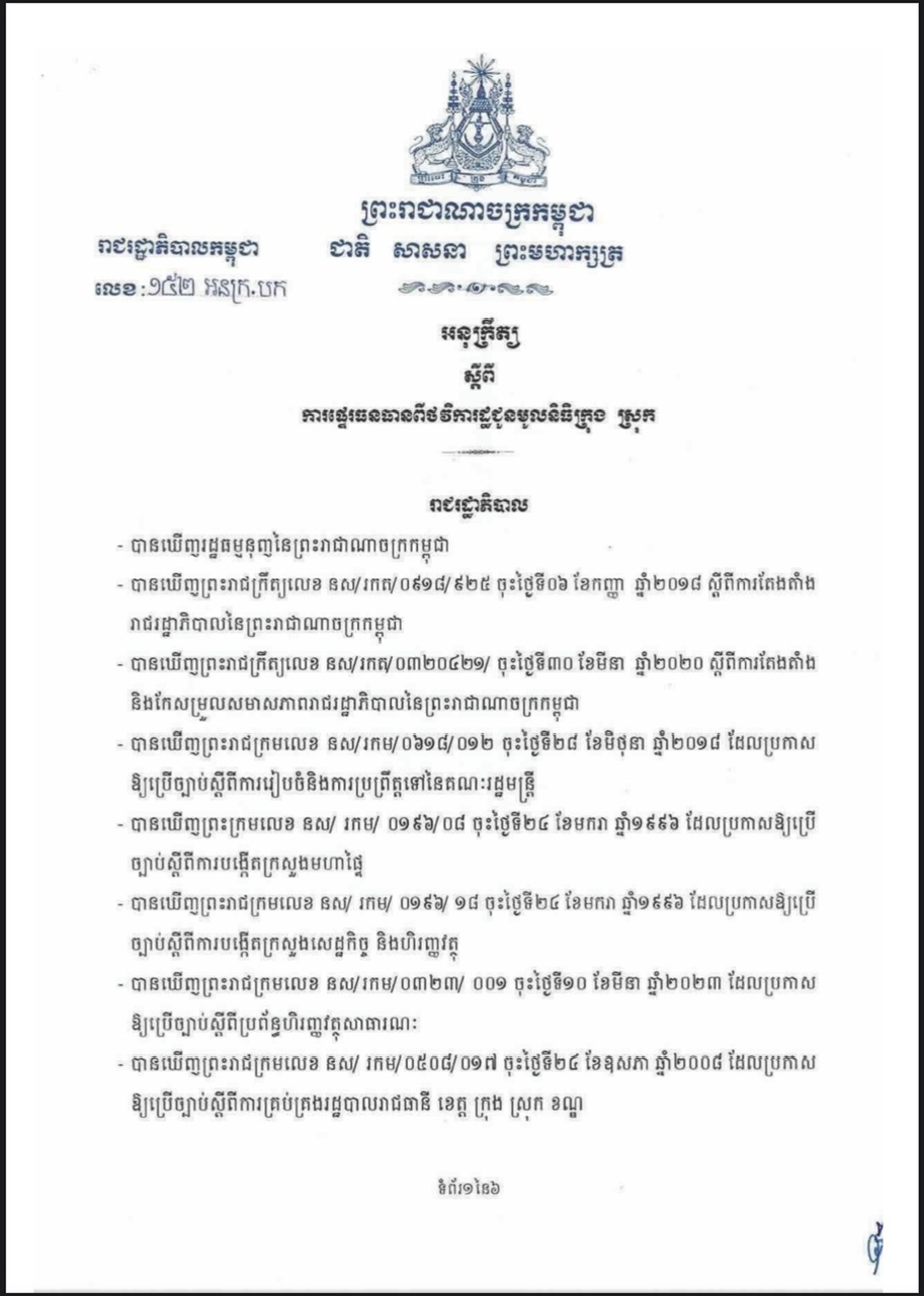 អនុក្រឹត្យស្តីពីការផ្ទេរធនធានថវិការដ្ឋជូនមូលនិធិក្រុង ស្រុក